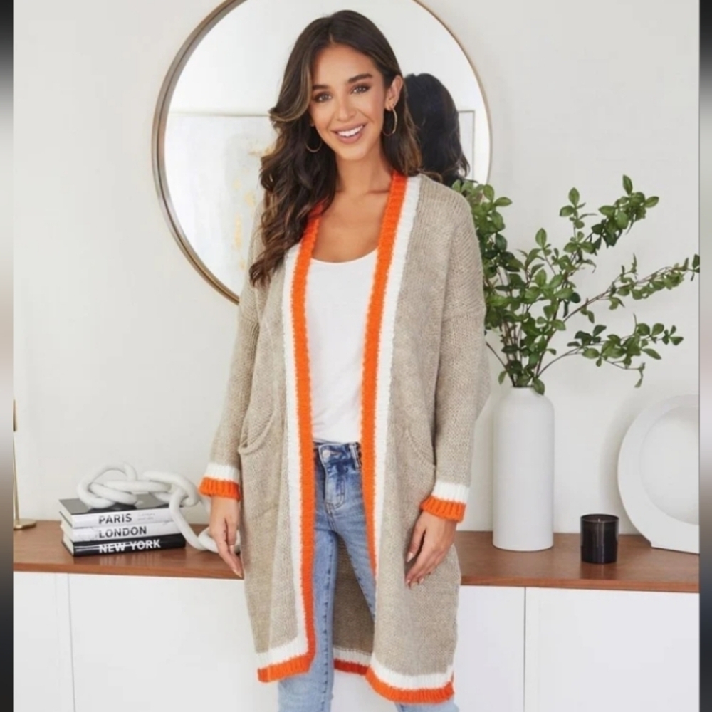 Milo Milano Casual Knit Tan Cream Orange Bohemian  Lightweight Open Cardigan M